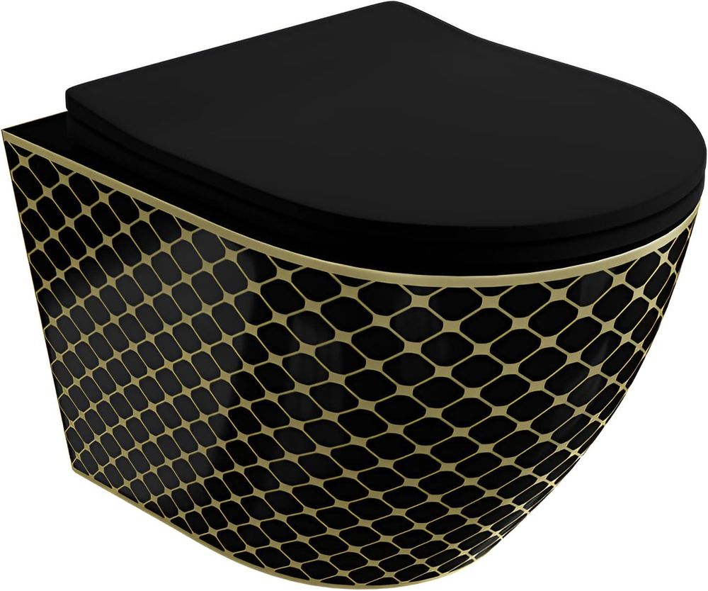 LAVITA Wand-WC Sofi Slim Black Night | HŠnge Toilette | Toilettendeckel mit Absenkautomatik & Metallscharniere | Toiletten SpŸlrandlos HŠngend | Toilettenbecken | 365x490x395 cm | Schwarz/Gold