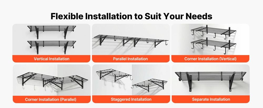 VEVOR 2-stufige Schwerlast-Wandgarage-Regale, 61 x 122 cm Stahl Wandmontierte Regaleinheit mit Haken, 610 x 1219 mm pro Regal Schwimmendes Lagerregal aus Metall mit 235 kg Gesamttragfähigkeit, Schwarz, 24x48 Zoll