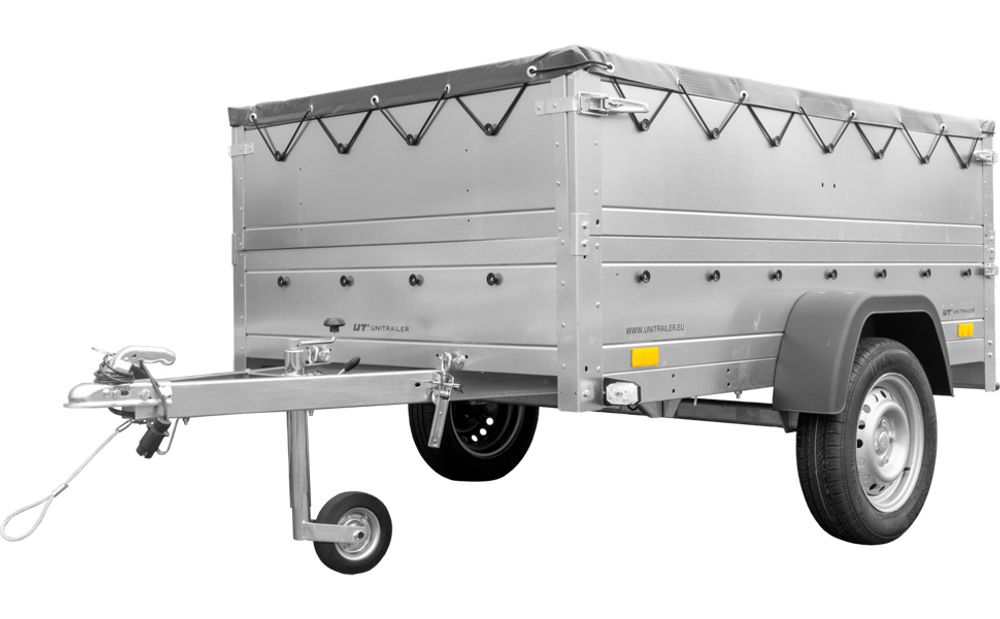 Pkw Anhänger kippbar 750 kg GARDEN TRAILER 201 KIPP mit zusätzlichen Bordwänden, Stützrad und grauer Flachplane