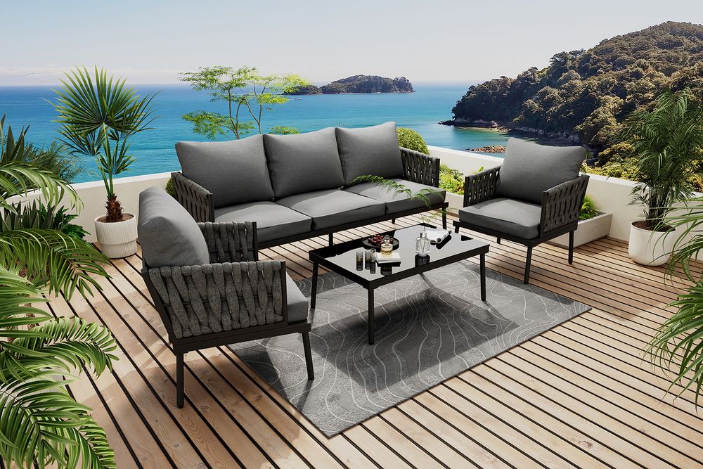 MERAX Gartenlounge-Set 4-tlg., Sitzgruppe Gartengarnitur Terrassenmöbel, 5-Sitzer Gartenmöbel mit geflochtenen Seil-Armlehnen & Glas-Tischplatte