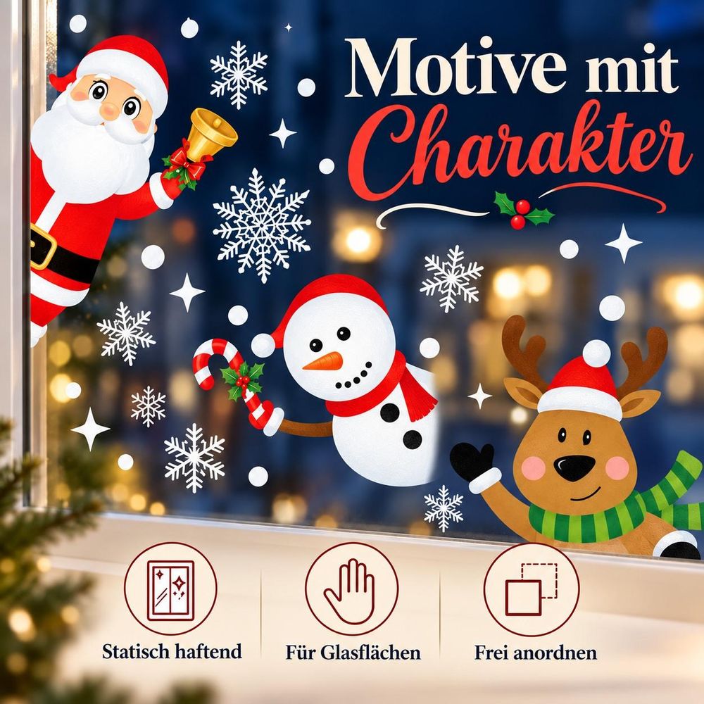 Weihnachtsmotive auf Glas mit Symbolen für Haftung und Anordnung