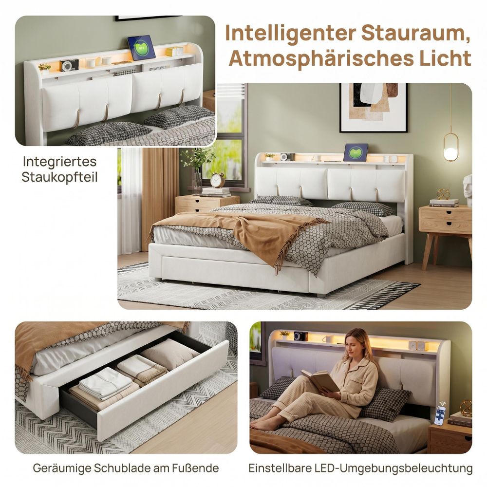 INONEFT Polsterbett 140x200cm mit LED & USB, Hydraulisches Stauraumbett , Samt Doppelbett Stauraumbett Funktionsbett, Beige