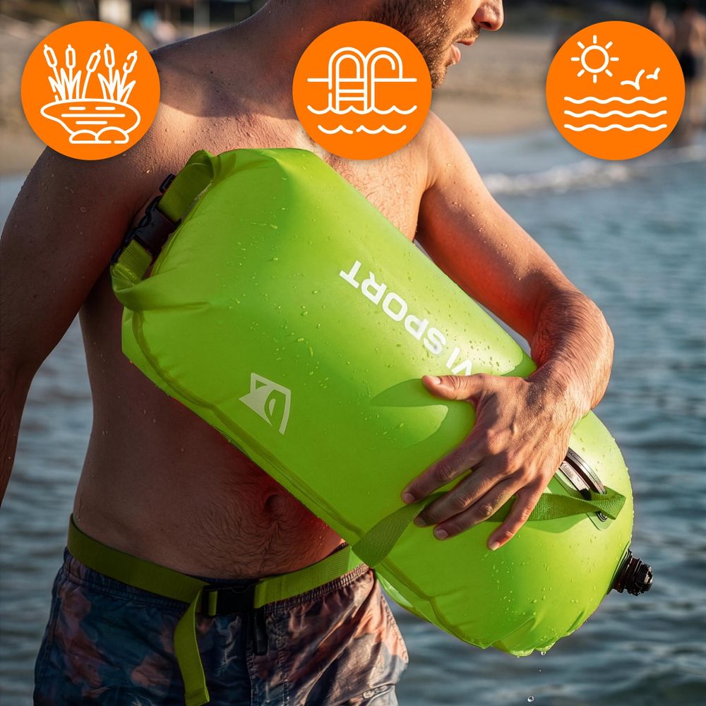 EVI SPORT AquaShield Schwimmboje 20L, Sicherheitsboje mit Trockentasche, Aufblasbar, Verstellbarer Gurt für SUP & Freiwasser, , Neongrün