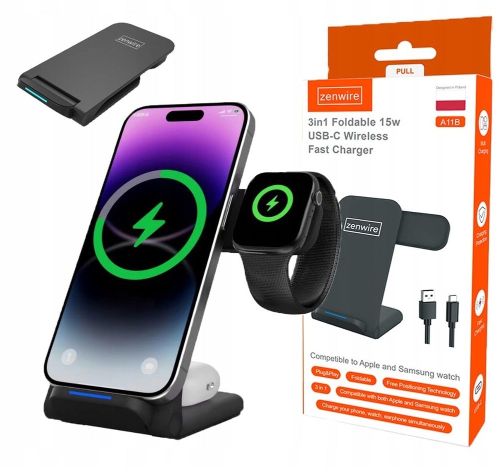 Induktionsladegerät - kabelloses Ladegerät - 3-in-1 - USB-C - für Apple Samsung - für Smart Watch - QI - 15 W