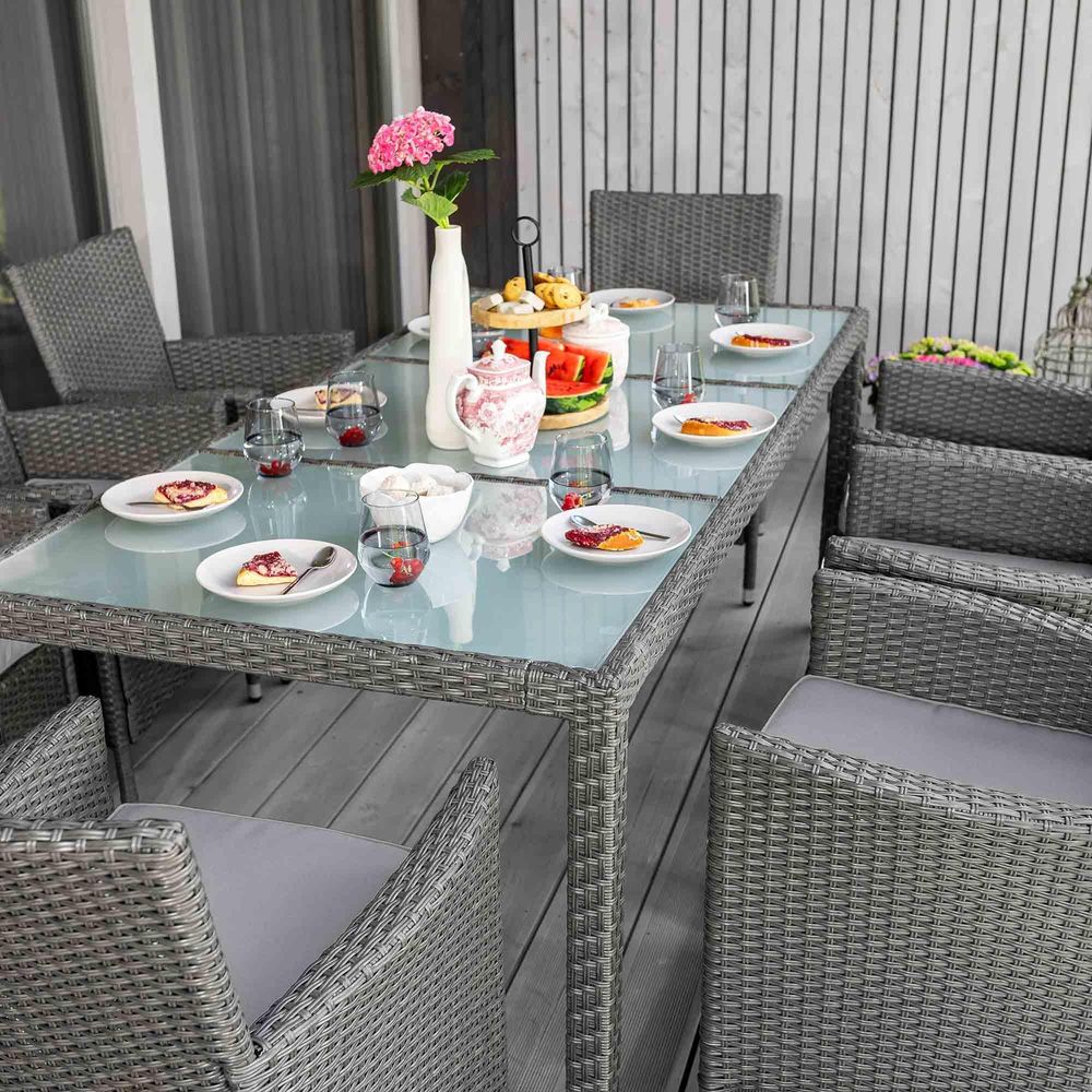 di volio Polyrattan Sitzgruppe VERONA - Lounge Gartenmöbel-Set für Garten oder Terrasse, Tisch mit Glasplatte + 8 Stühle - Lounge-Set in Rattan-Optik