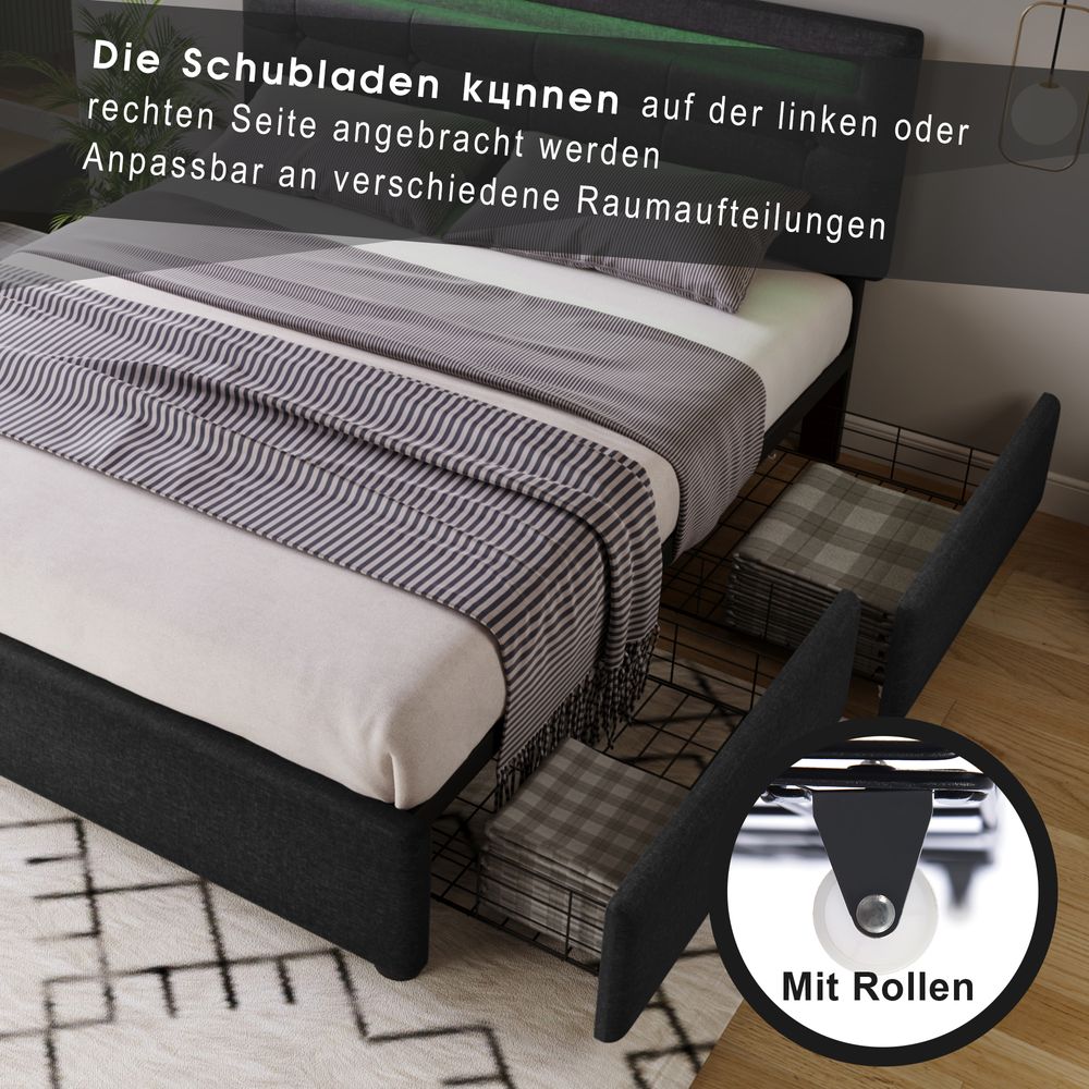 Flieks Polsterbett 90x200cm mit LED und höhenverstellbarem Kopfteil, Einzelbett mit Lattenrost und 2 Schubladen, Stauraumbett Leinen, Schwarz