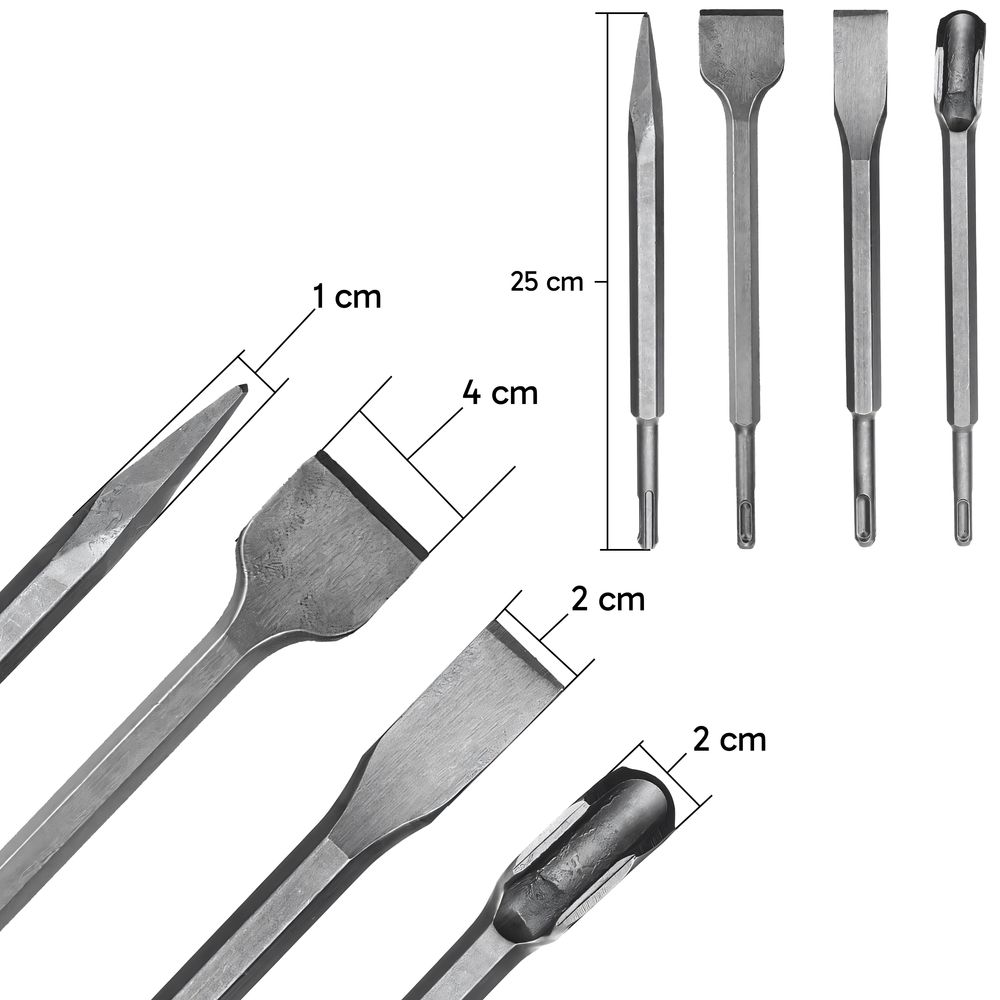 SDS-Plus Meißel-Set 4-teilig, inklusive Spitzmeißel, Flachmeißel & Breitmeißel, Rrgonomisch, Rutschfest, für präzises Meißeln & Demolieren 25 cm Retoo