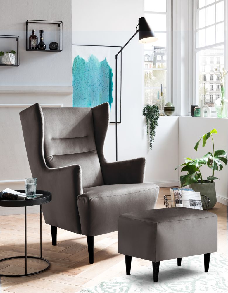 Bequemer Polsterhocker für Relaxsessel | beige | XDREAM | Fusshocker mit Holzfüßen