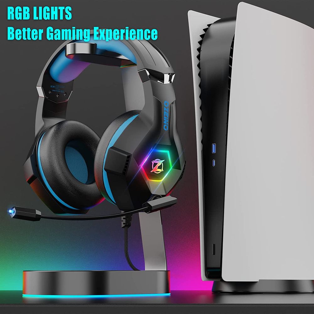 Ozeino Gaming Headset for PS4 PS5 PC, PS4 Headset with Microphone 3D Surround Sound Headphones Noise Cancelling RGB Lights