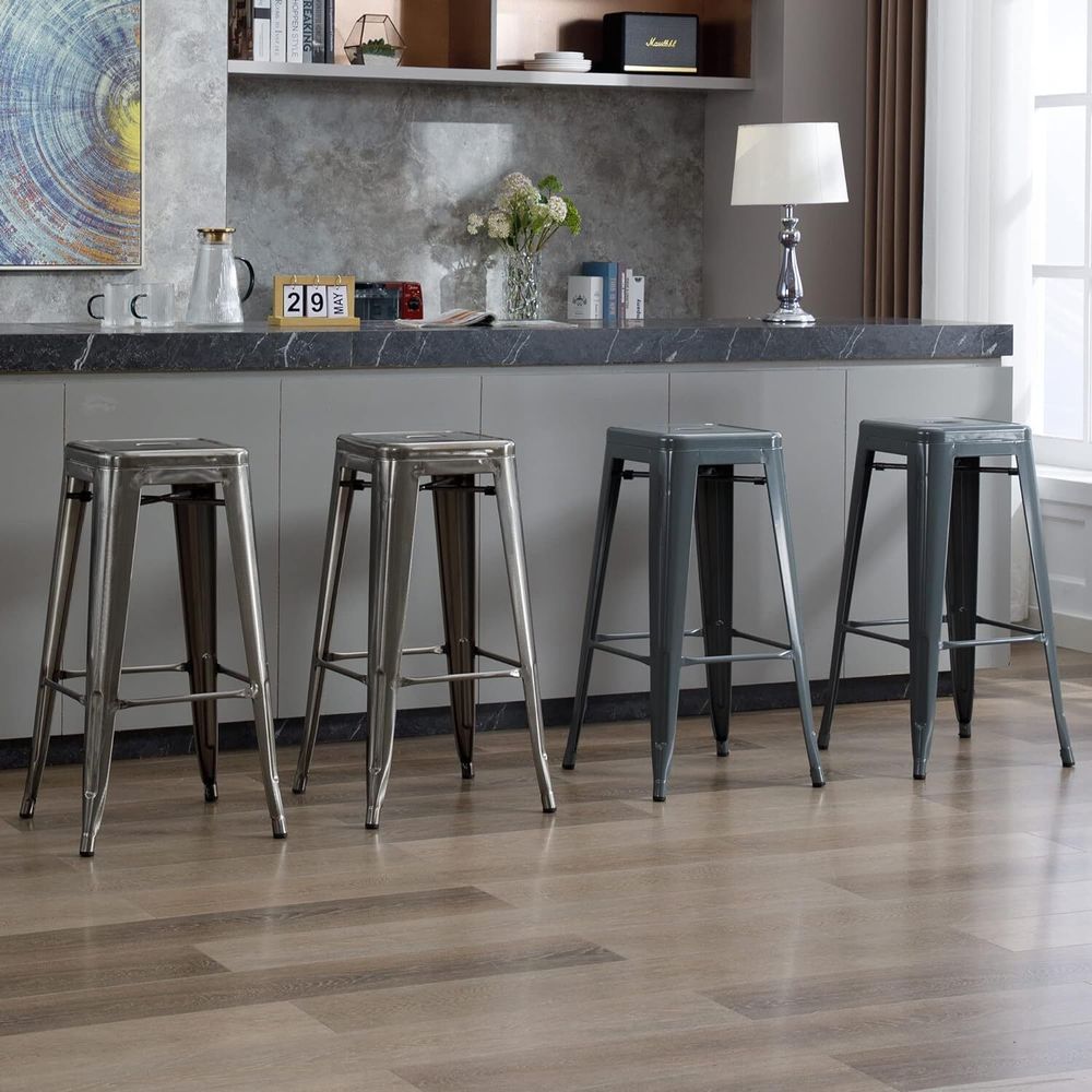 Duhome Barhocker Eisen Barstühle 4er Set, Sitzhöhe 76cm Tresenhocker, Stapelbar Metall Bistrohocker mit Fußstütze im Industry Design, Grau