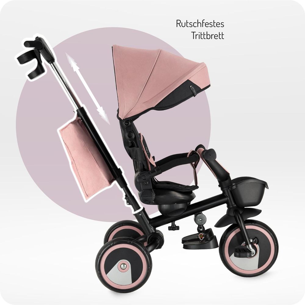 MoMi IVI Kinderdreirad 3-in-1 Rosa – 360° drehbarer Sitz, 3-Punkt-Gurt, höhenverstellbare Schiebestange, Sonnendach, PolyurethanRäder, Frontkorb – ab 9 Monaten