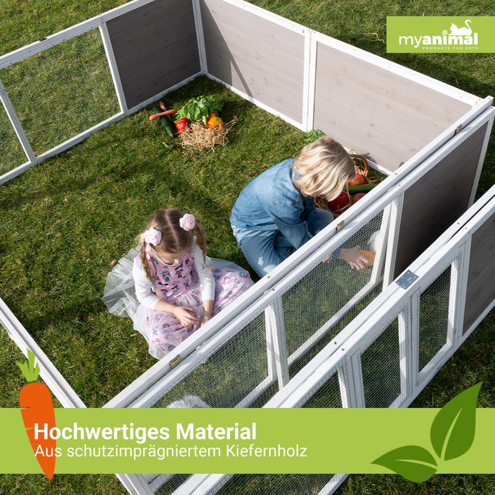 MyAnimal Freilaufgehege MH-06 | Wetterfest & Winterfest - Hasen Kaninchen Stall - Freigehege - Kleintier Stall - mit Unterstand - Faltbar - XXL (Grau)