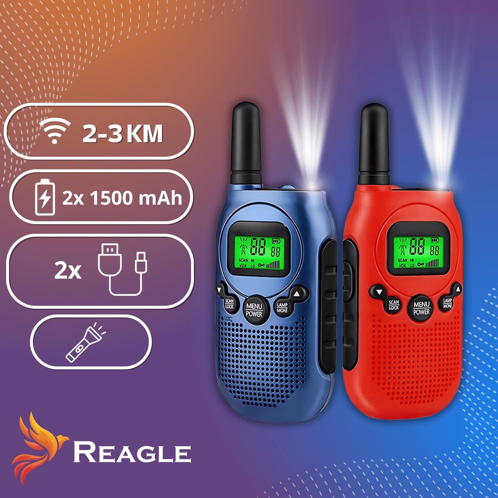 REAGLE Walkie-Talkies für Kinder & Erwachsene, 2 Funkgeräte bis 3 km Reichweite, 1500mAh Akkus, LED-Taschenlampe 8 PMR-Kanäle, ideal für Baustelle, Outdoor Camping, Wandern