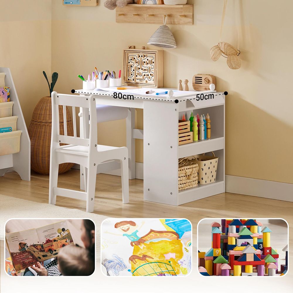 SoBuy Kindertisch mit 1 Stuhl Kindersitzgruppe mit 1 Papierrollenhalter Kinder Tisch Stuhl Set Spieltisch für Kinderzimmer Maltisch Weiß KMB60-W