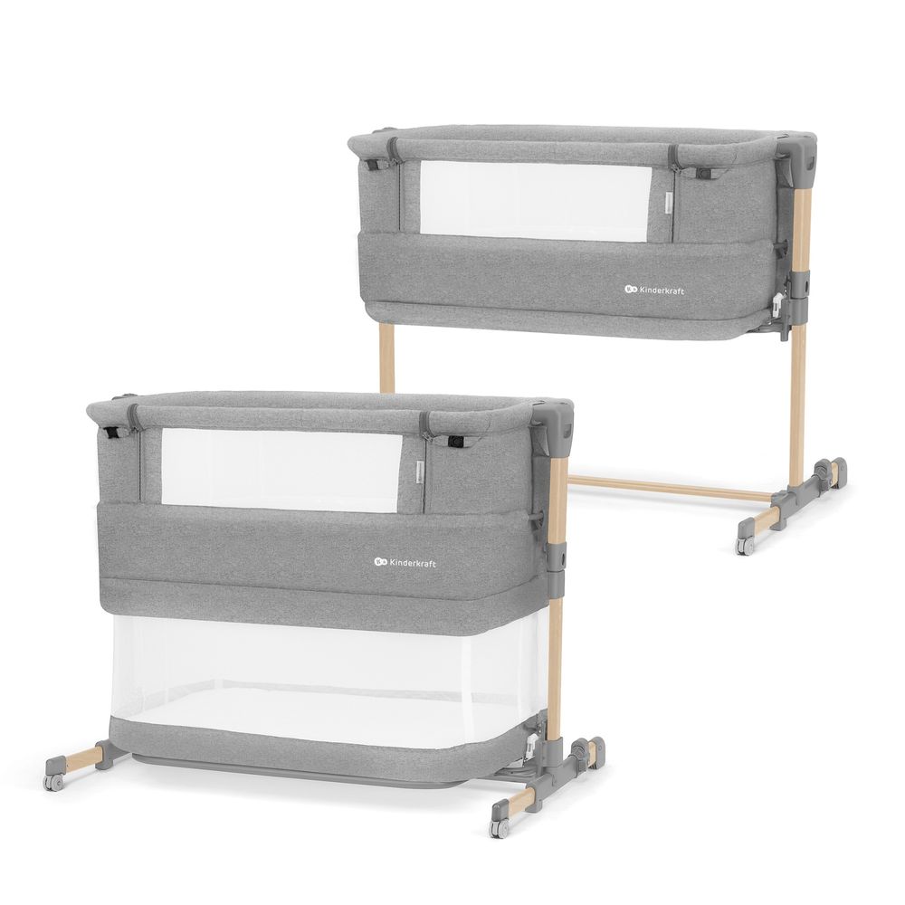 Kinderkraft NESTE GROW - 3-in-1 Beistellbett - höhenverstellbar - 2-stufige Neigung - für Babys bis 2 Jahre - inkl. Matratze - Holz-Grau