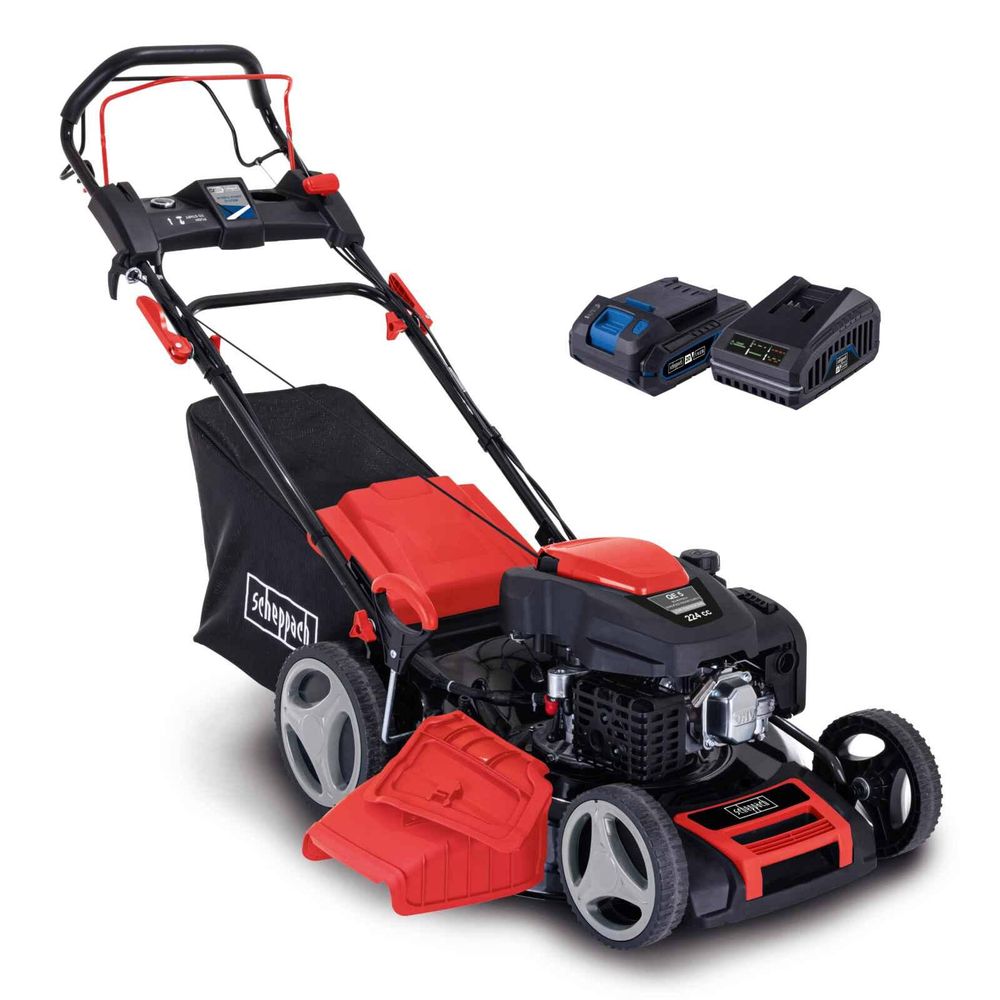 Scheppach Benzin-Rasenmäher MS225-53E VS inkl. 2Ah Akku + 2,4A Ladegerät | 4,4 kW / 6 PS / 224 cm³ 4-Takt-Benzinmotor | 53 cm Schnittbreite | 65 L Box