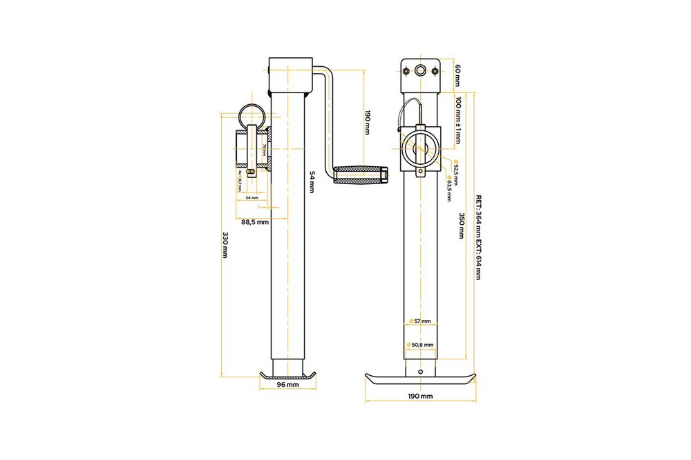 UNITRAILER Ausziehstütze TJ5001 + Adapter TJ5002A, 1300 kg, 364–614 mm, ausziehbar, für Pritschen- und Campinganhänger
