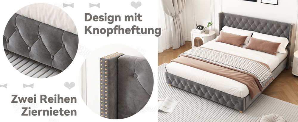 okwish Polsterbett Doppelbett 160×200cm mit Lattenrost und Kopfteil, Knopfpolsterung, Nietenpolsterung, Samt, Grau,Ohne Matratze