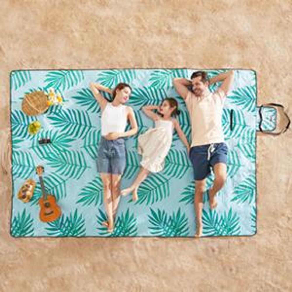 SONGMICS Picknickdecke, 200 x 200 cm, wasserdicht, maschinenwaschbar, hellblau mit tropischem Farn
