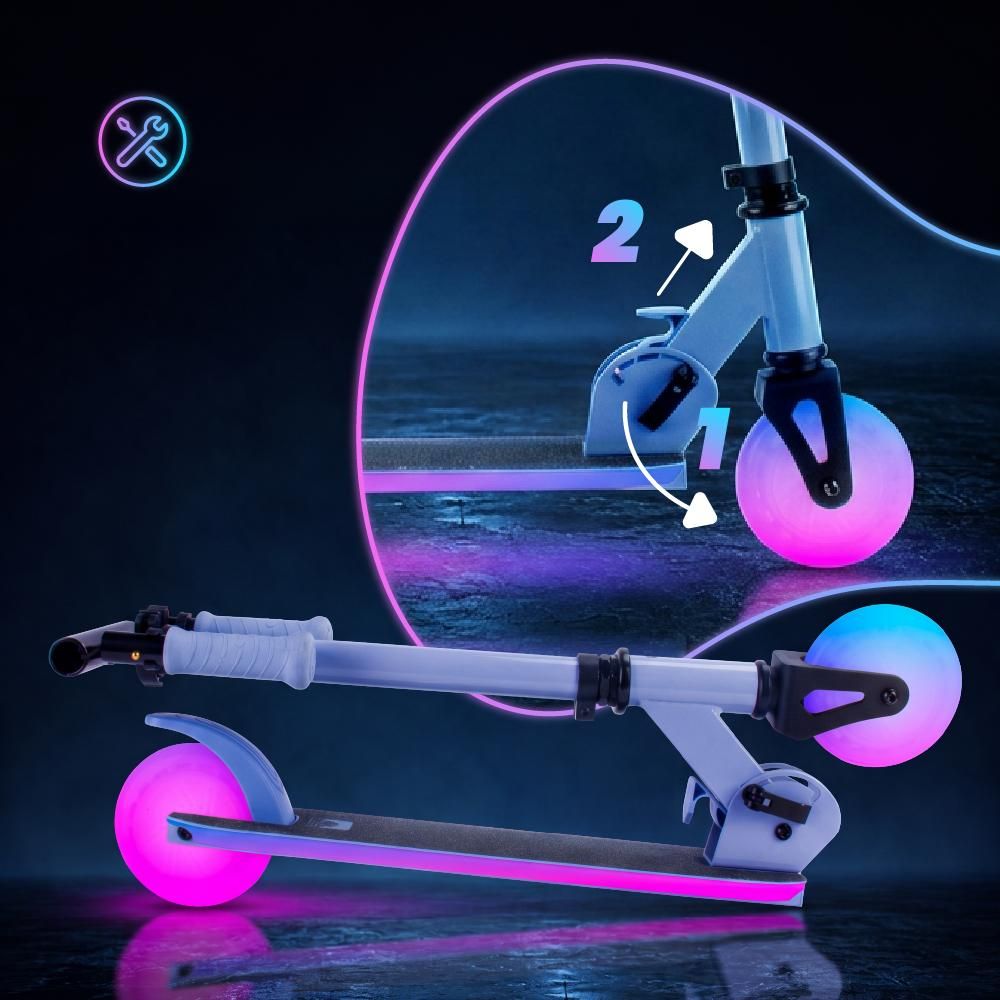 Zusammengeklappter Tretroller mit Detailansicht des Klappmechanismus