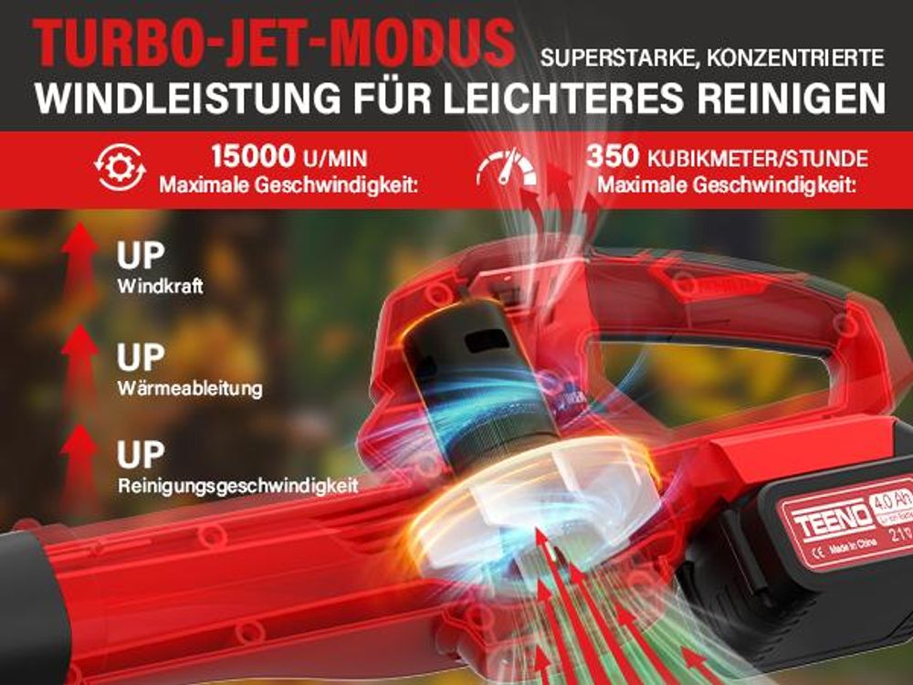 TEENO Akku Laubbläser, 6 Geschwindigkeitsstufen, 2 x 4Ah Akku und Ladegerät, 210 km/h Luftgeschwindigkeit, abnehmbares Blasrohr, geneigte Düse