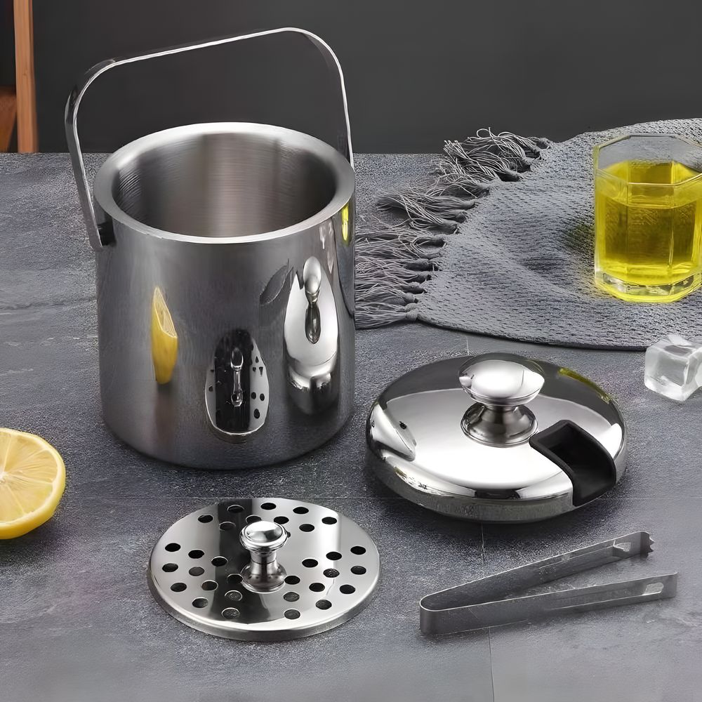Eiseimer aus Edelstahl mit Deckel & Zange Eiswürfelbehälter Eisbehälter Serviereimer Doppelwandig 1.3 Liter Silber Retoo