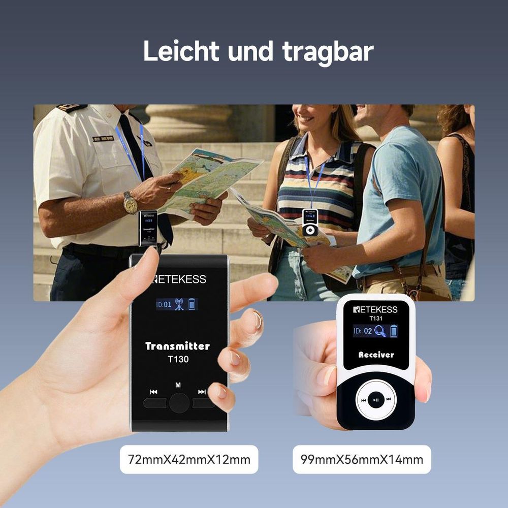 Retekess T130-T131 Tour guide System,60 Meter,99 Kanäle,18H,mit Mikrofon, PLL-Technologie, Geeignet für Reisebüros,Schulungen, Schulbesuche