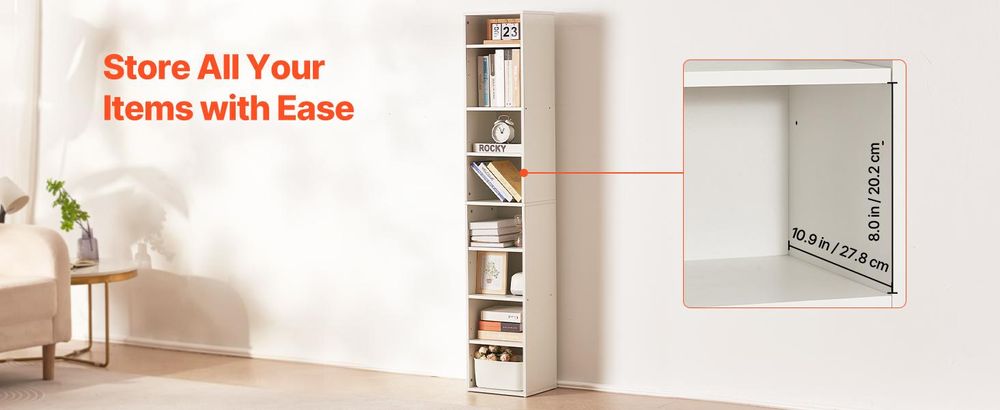VEVOR Bücherregal mit 8 rechteckigen Fächern und höhenverstellbaren Einlegeböden, 180 cm hohes vertikales Holzregal, Wohnzimmer, Schlafzimmer, Weiß