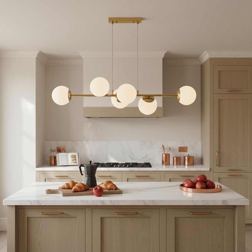 MasterLED Design Pendelleuchte Gold 6-flammig – Moderne E27 Glas-Hängelampe für Esszimmer & Wohnzimmer, Höhenverstellbar