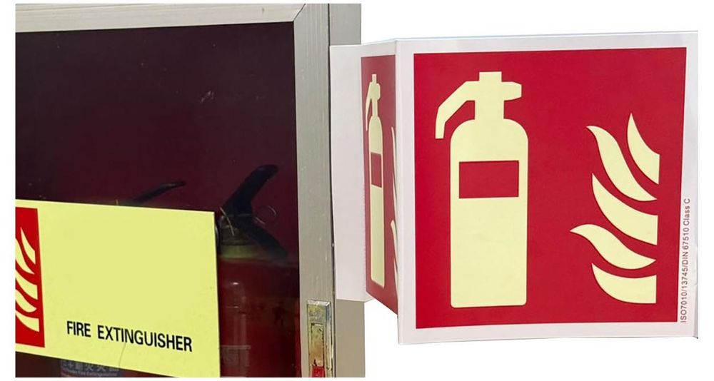 Winkelschilder Brandschutzzeichen Feuerlöscher nachleuchtend ISO 7010 / DIN 67510-1 / Klasse C , 20x20cm