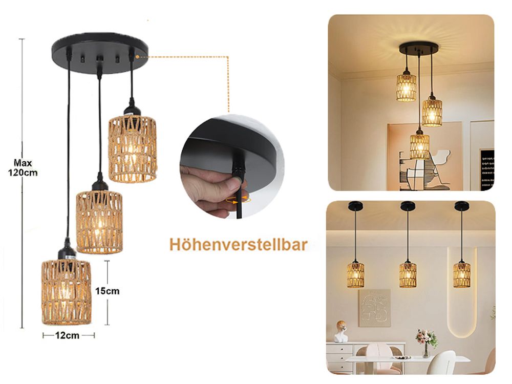 Pendelleuchte Rattan Boho Pendelleuchte 1-flammig mit LED Glühbirne Hängeleuchte Höhenverstellbar für Küche, Esszimmer, Wohnzimmer