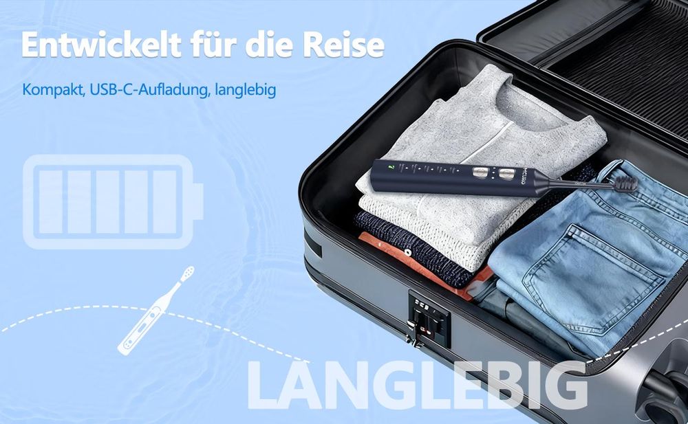 MCURO Elektrische Schallzahnbürste, 45.000 VPM, 5 Modi & 3 Intensitätsstufen, Type-C Schnellladung, 180 Tage Akku, 6 Bürstenköpfe, Dunkelblau