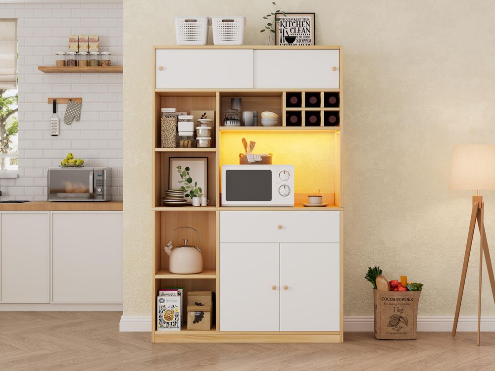 Merax Küchenschrank Küchenbuffet, mit LED Schublade, 3 Türen, Regale, Hochschrank, Buffetschrank, für Esszimmer KücheWeiß+Natural