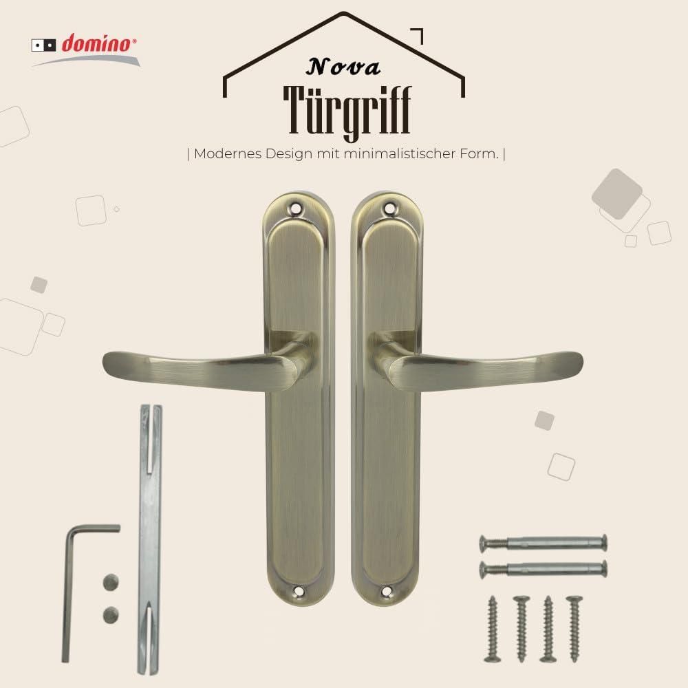 DOMINO Türgriff Blind Drückergarnitur | Langschildgarnitur | Türklinke für Zimmertür, Bürotür, Kellertür & Innentür | L-Form | Türbeschläge aus Aluminium | Bronze Türdrückergarnitur | NOVA M3