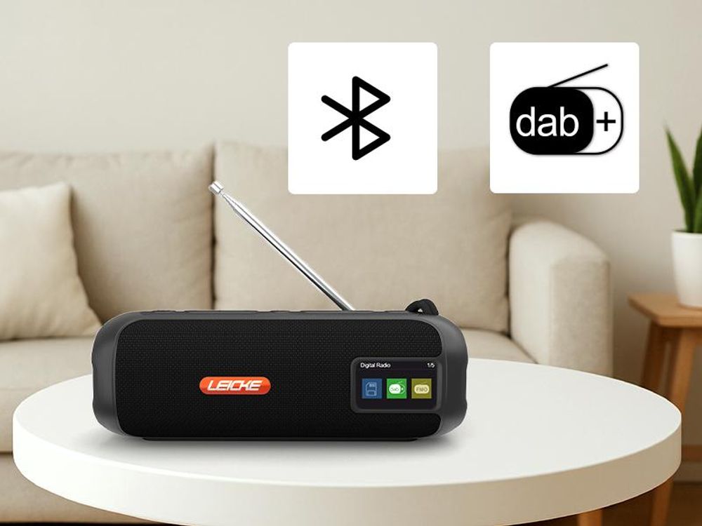 LEICKE DAB+ Radio Tube-Tragbarer Bluetooth Lautsprecher mit DAB+/FM, 4500mAh Akku, RGB-LED Lichter, 10W Stereo-Sound,Equalizer, Micro SD/AUX Anschluss