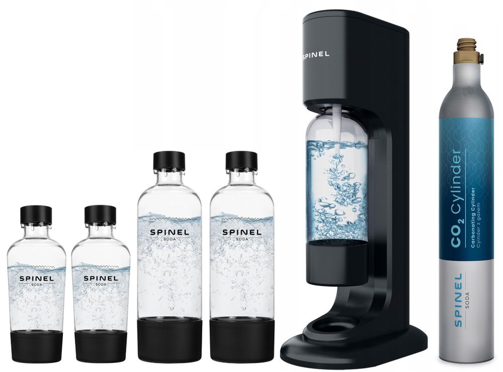 SpinelSoda BubbleON Wassersprudler + SpinelSoda Black 4 Flaschen, 500ml/1L + Bolero