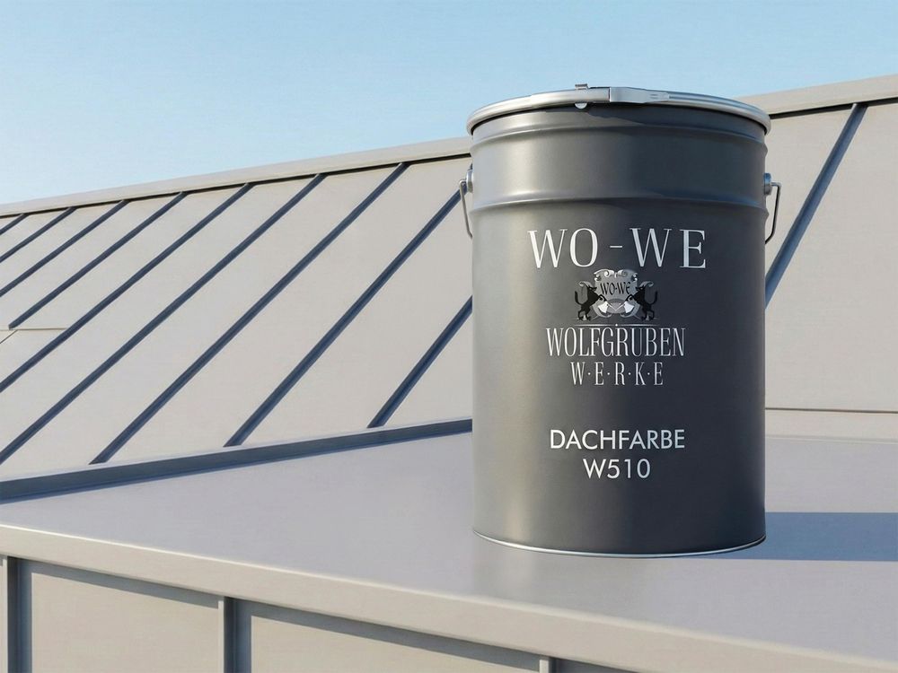 Grauer Farbeimer W510 auf modernem Metalldach mit WO-WE Logo