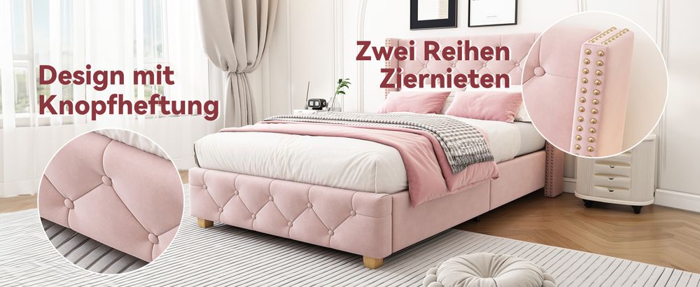 MODFU Polsterbett 90×200cm Jugendbett mit Lattenrost und Kopfteil, Einzelbett Bettgestell mit Holzbeine, Samt, Rosa(Mit Matratze)