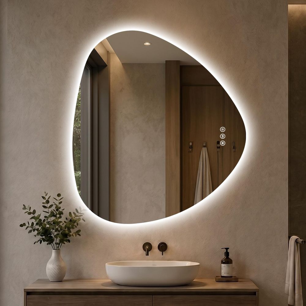 S'AFIELINA Asymmetrischer Badspiegel mit LED-Beleuchtung 60 × 70 cm, rahmenlos, 3 Lichtfarben, dimmbar, Antibeschlag, Memory-Funktion