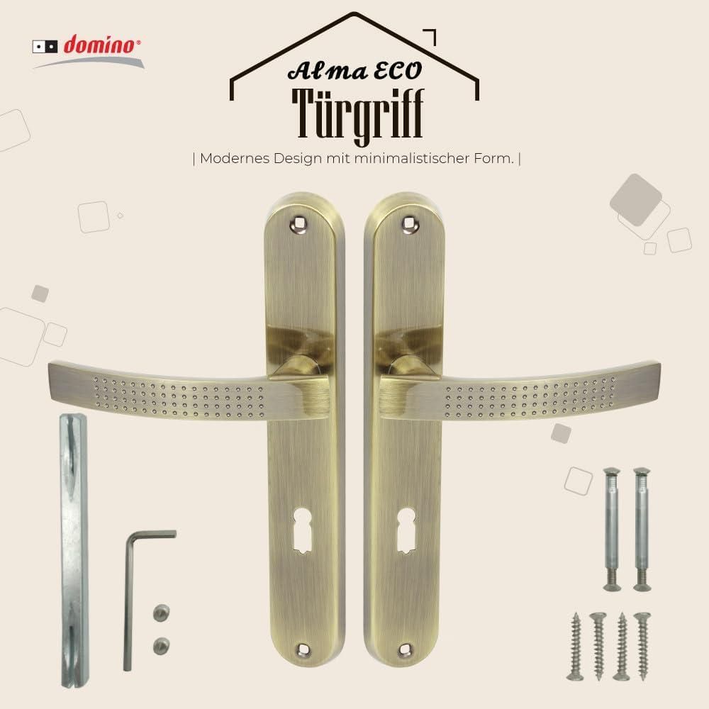 DOMINO Türgriff 72 Drückergarnitur BB-Buntbart Set | Türklinke für Zimmertür, Bürotür, Kellertür & Innentür | L-Form |Aluminium | Bronze | ALMA ECO M3