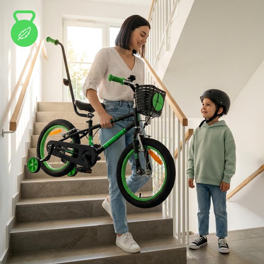 Madre llevando la bicicleta por las escaleras junto a su hijo