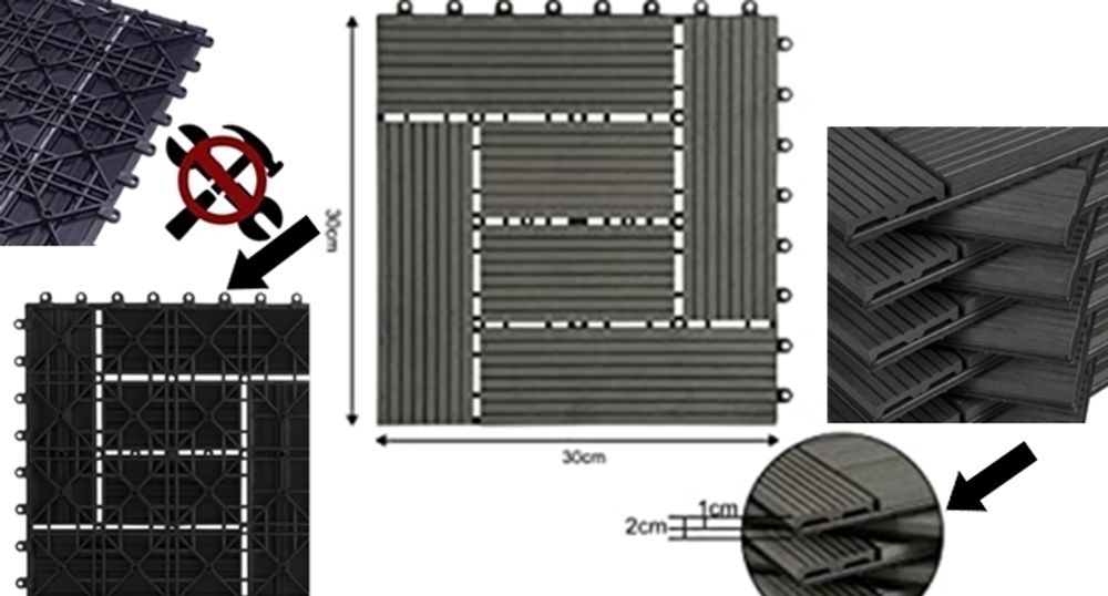 WOLTU 12er-Set WPC Terrassenfliesen Terrassendielen Holz-Optik 30x60cm, Fliese Bodenfliese Klickfliese Bodenbelag Anthrazit