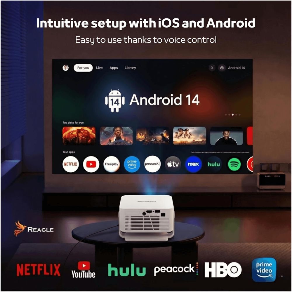 Smart Beamer Android 14 4K 300 ANSI WLAN Bluetooth 6 Autofokus Keystone 150" Tragbar Mini Projektor Heimkino Reagle