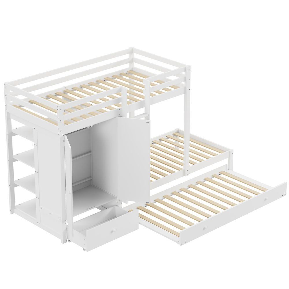 Flieks Etagenbett 90x200cm mit Kleiderschrank, Hochbett mit Ausziehbett, Kinderbett Stockbett mit Regal und Schublade, Holzbett Kinder, Weiß