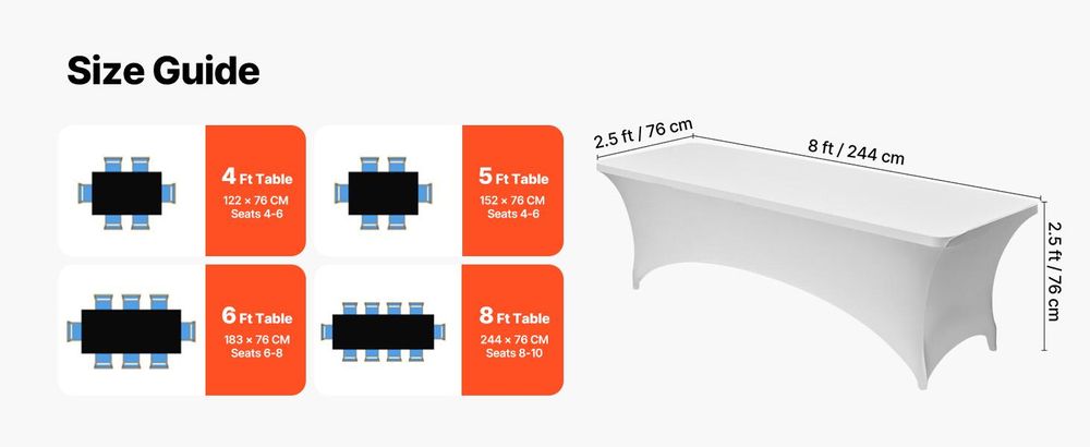 VEVOR 6 x Stretch Elasthan Tischdecke Tischwäsche (rechteckig) geeignet für 244 cm Tische, waschbarer knitterfreier Tischdeckenschutz, Tischtuch für Partys Hochzeiten Bankette Festivals, Weiß
