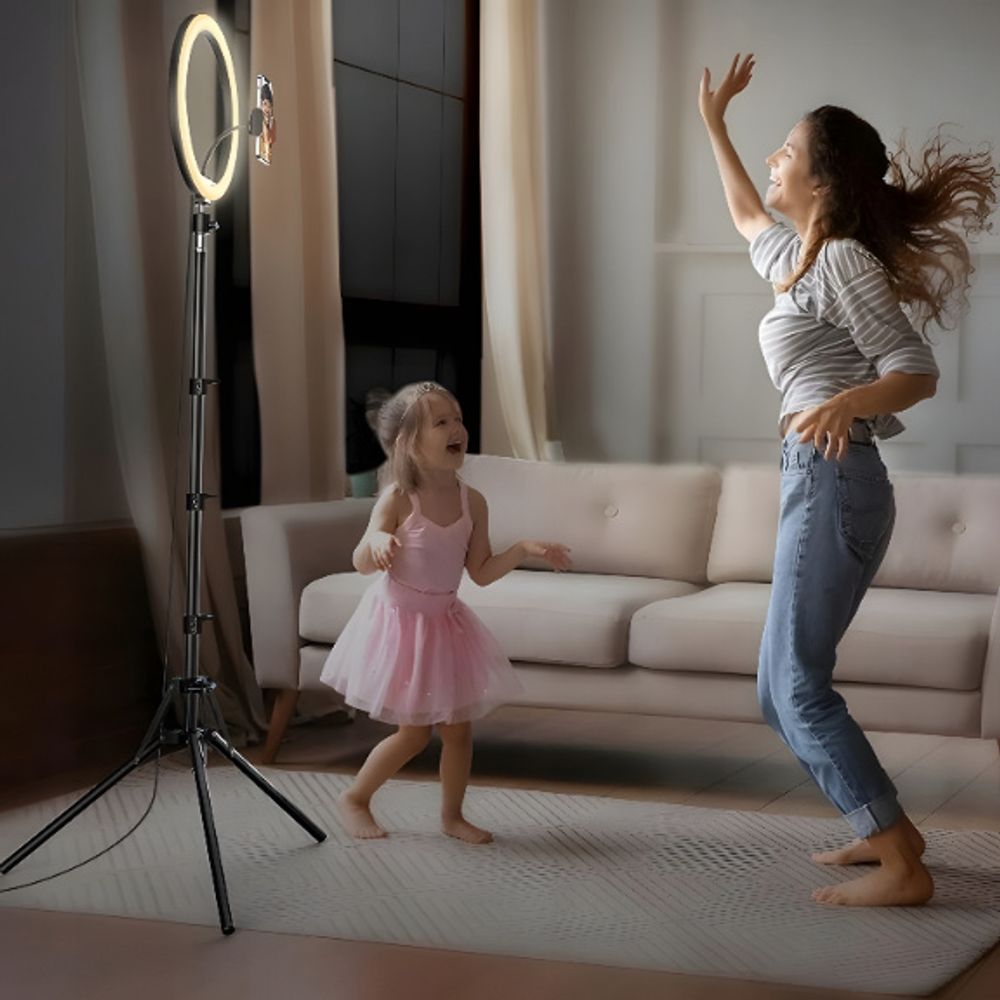 LED-Ringlampe 25 cm USB, Lichtleistung 10 W, verstellbares Stativ bis 210 cm, Lampe für Tik Tok, Instagram, YouTube, 3 Beleuchtungsmodi,