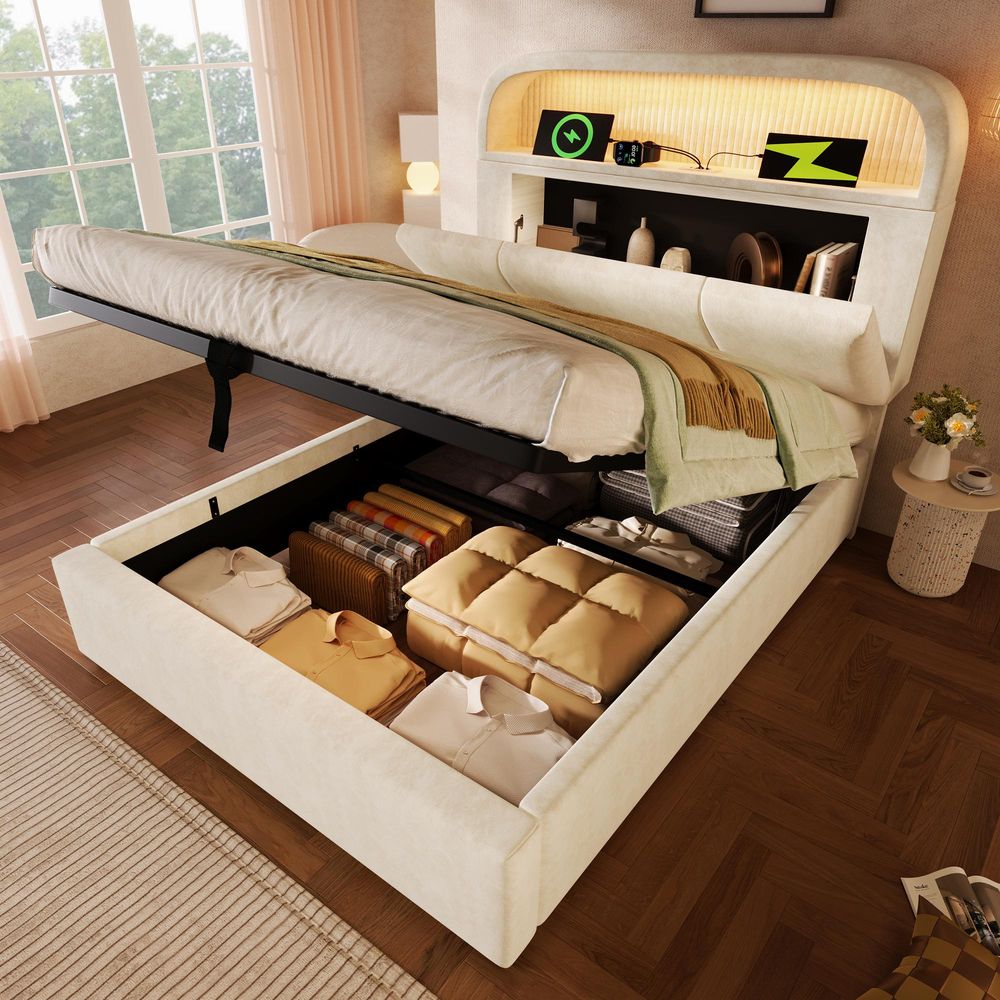 Flieks Hydraulisches Polsterbett 90x200cm mit Led, Stauraumbett Einzelbett mit Ladefunktion, Jugendbett mit höhenverstellbarem Kopfteil, Samt, Beige