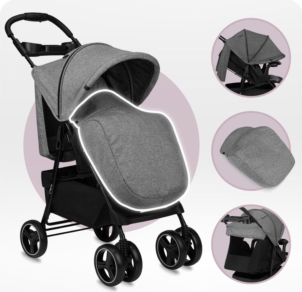 MoMi ISLA – Ultraleichter Baby Kompaktbuggy ab Geburt, verstellbar mit Sonnenverdeck, inkl. Organizer, Fußsack & Tasche, ideal für Reisen – Grau