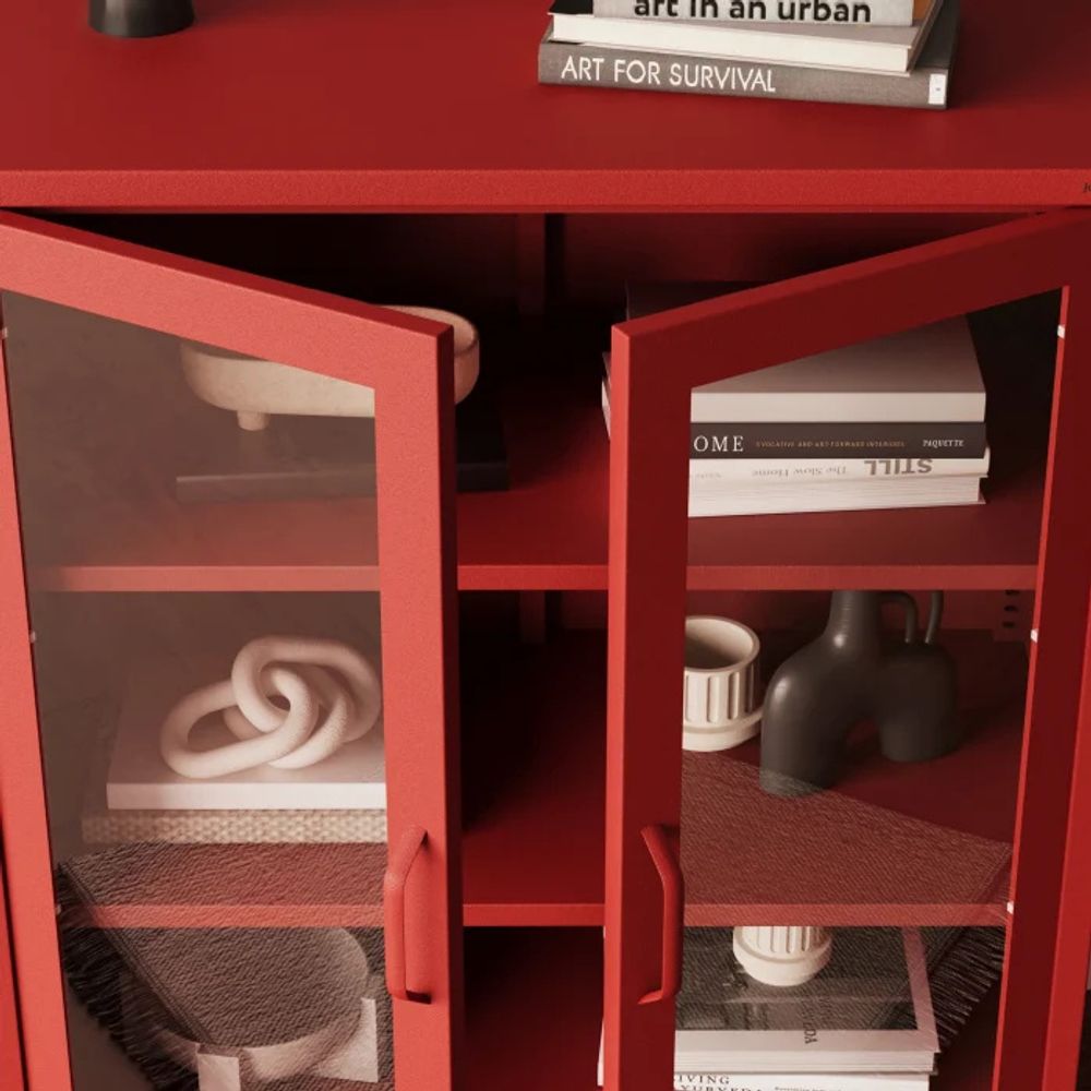 Jan Nowak kleiner Vitrinenschrank Kommode mit 2 Glastüren Gina 2 verstellbare Einlegeböden Standschrank aus Metall, 80 x 101,5 x 40 cm, Rot