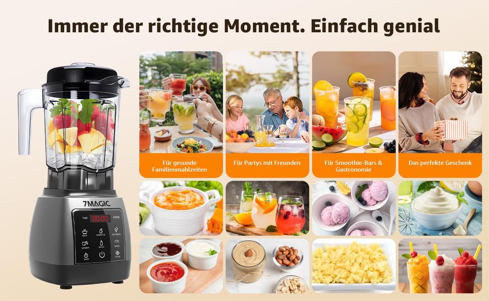 7MAGIC 2000W Standmixer, Mixer 2L BPA Free mit 5 einstellbaren Geschwindigkeiten, 24.000 U/min - Pulsfunktion, Timer, Mixer mit Display, 6 Messer aus Edelstahl, Schwarz